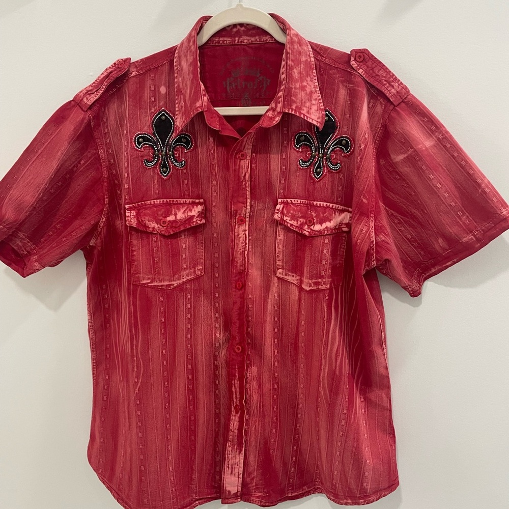 Retrofit Red Fleur-de-Lis Men's Button-up Studded Shirt